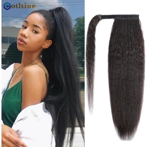 Etotltiue Corn Wavy Kinky Straight Long Ponytail Wrap on Clip Hair Extensions 8-26Inches Brazilian Real Human Hair Black Color