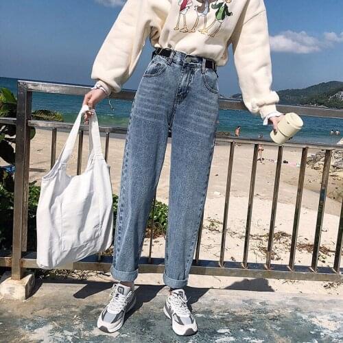 All season denim jean cotton radish womens fashion casual pants loose high waist plus size S-XL jeans blue long trousers