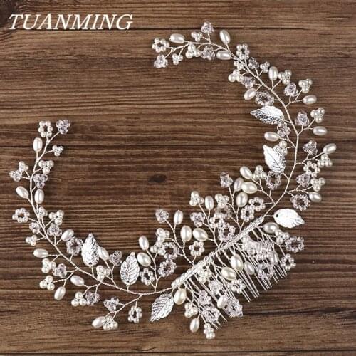 Silver Color Leaf Rhinestone Pearl Headband Hair Combs For Bridal Women Wedding Hair Ornaments Pearl Brides Tiaras Hair Combs