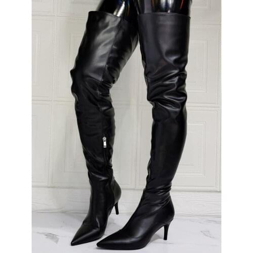 New Plus Size 34-47 Ins Sexy Black Over The Knee Boots Leather Stocking Women Thin High Heels Thigh High Lady Boots Shoes Woman