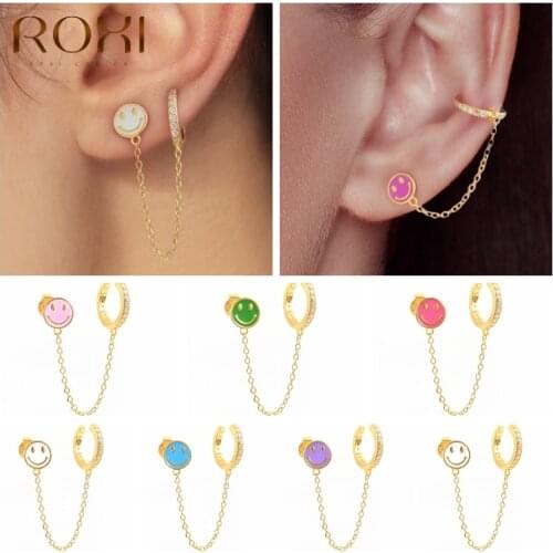 ROXI Smiley Cuffs Earrings For Women Enamel Chain Ear Clip Stud Earrings Fake Earring Jewelry Dangle Earrings Silver 925 Jewelry