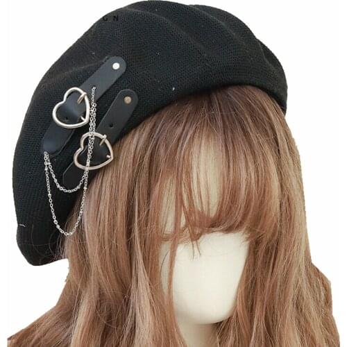 Lolita Gothic Punk Beret Black Women Breathable Summer Harajuku Girls Heart Buckle Beanie JK Hat