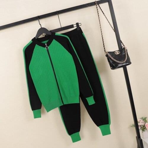 Women 2021 Spring Autumn Knitted Two Piece Sets Female Zipper Long Sleeve Cardigan Sweater + Harem Pants Sport Tracksuits V233