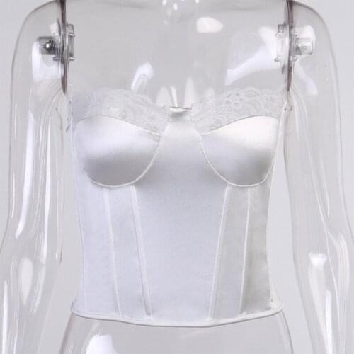 Womens Summer Strapless Off Shoulder Crop Top Zip Back Fish Boned Slim Bustier Corset Sexy Lace Patchwork Satin Body Shaper Vest