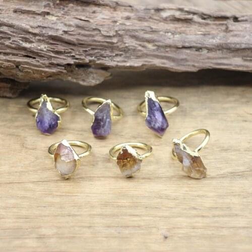 Raw Amethysts Tail Rings Healing Crystal Natural Citrines Druzy Chips Golden Circle Finger Ring Party Wedding Jewelry,QC4095