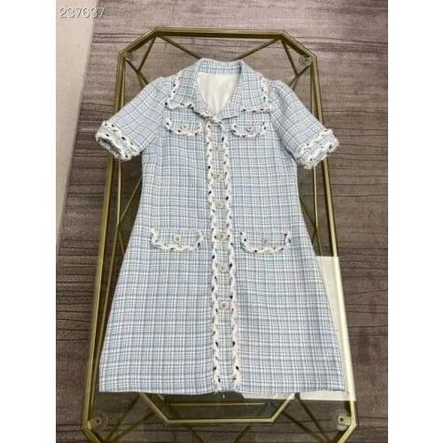 Dresses For Women 2021 Autumn Fashion Designer Runway Plaid Elegant Short Sleeve Single Breasted Slim Mini Dress