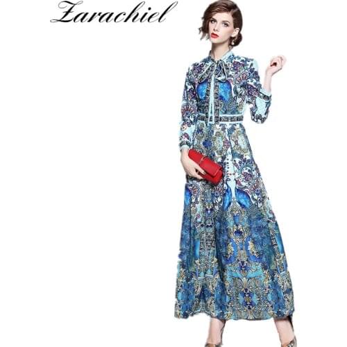 Maxi Dress Women Vintage Flower Print 2019 Fall Dress Work Casual Slim Runway Bow Tie Collar Long Sleeve Long Dresses Robe Femme