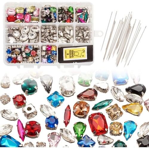 1Box Mixed Shape Glass Sew On Rhinestone Jewelry Beads Claw Button with Sewing Needles for Jewellery Making Garment Accessories