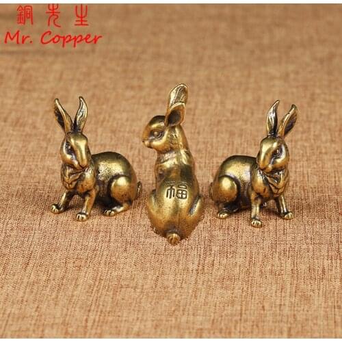 Antique Copper Zodiac Cute Rabbit Statue Ornaments 1 Pair Vintage Solid Brass Animal Miniature Figurine Tea Pet Desk Decoration