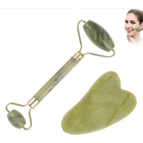 2 in 1 Green Roller and Gua Sha Tools Set by Natural Jade Scraper Massager Eye Face Neck Thin Lift Relax Slimming Tool