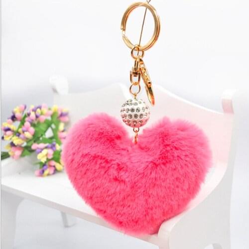 2019 Fluffy Heart Key chain Pom Poms Faux Rex Rabbit Fur KeyChains Girl Bag Hang Woemn Car Key Ring Jewelry Accessories EH309