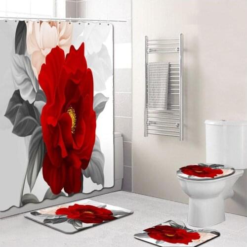 4Pcs/Set Elegant Flowers Pattern Shower Curtain Mat Set Non Slip Rugs Carpet for Bathroom Toilet Bath