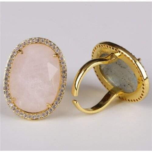 5PCS Wholesale sales oval cut faceted semi precious pink crystal stone charm white cz rim cycle open gold ring cuff for women