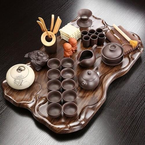 Purple Clay Tea Set Simple Chinese Style Tea Pot Wood Tray Kung Fu Ceramic Teacup Full Tableware Bardak Seti Tea Service EI80TS