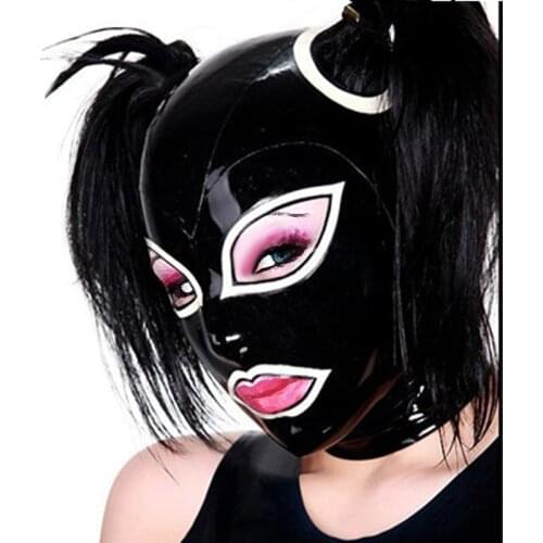 Black and White Female Sexy Latex Hood with Double Ponytails Holes (no hair) S-LM004