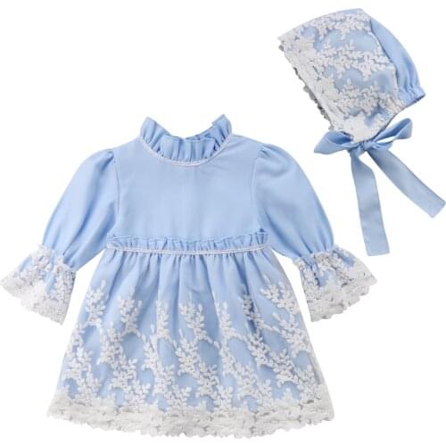 Citgeett Princess Kids Baby Girls Lace Dress Long Sleeve Party Pageant Dress+Hat Patchwork Autumn Fashiuon Blue Clothes