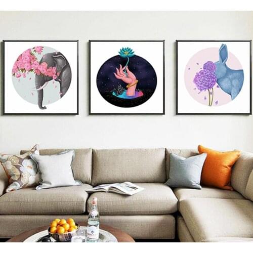 Flower Elephant and Rabbit Hand Lotus Zen Canvas Painting Art Print Poster Picture Wall Modern Minimalist Living Room Decoration