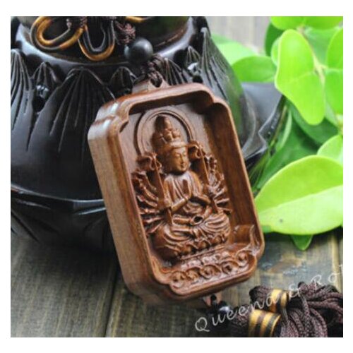 Wood Carving Chinese Knot Thousand Hand Kwan Yin Car Pendant Amulet Wooden Craft