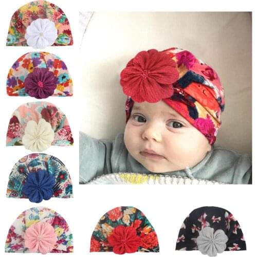 Nishine Bohemian Baby Turban Hat with Fabric Flowers Cotton Blend Newborn Beanie Kids Photo Props Baby Shower Gift Birthday Hat