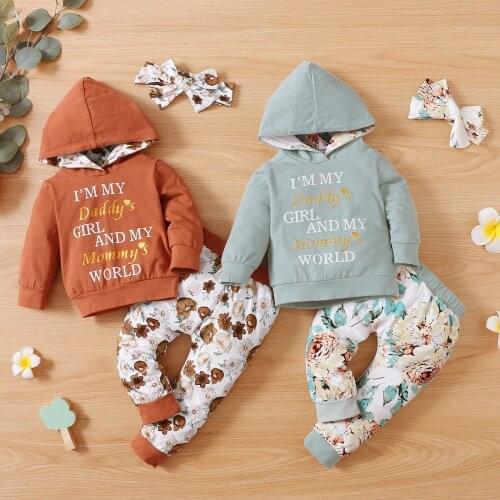 Toddler Baby Girls T-shirt and Trouser Cotton Suit Fresh Letter Long Sleeve Hoodies and Flower Pants with Bow Headband
