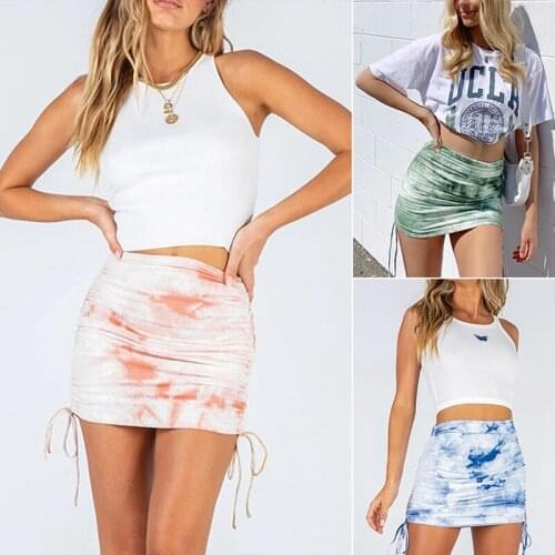 Hot kf-Stretch Ruffle Knit Mini Skirt Womens Side Drawstring Sexy Tie-Dye Bag Hip Skirt