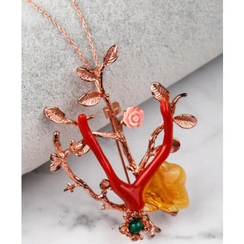 Coral - Amber - Jade Natural Stone 925 Sterling Silver Necklace with Special Workmanship