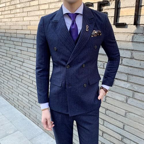Mens Suit Three Piece Set Jacket Vest Pants Business Casual Gentleman Wedding Party Male Double Breasted Blazer Coat Trousers