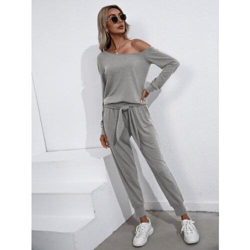 Pant Suits Tracksuit Women Outfits Bandage Pockets Oblique Shoulder Long Sleeve Top+Elastic Waist Slim Pencil Pants 2 Piece Sets
