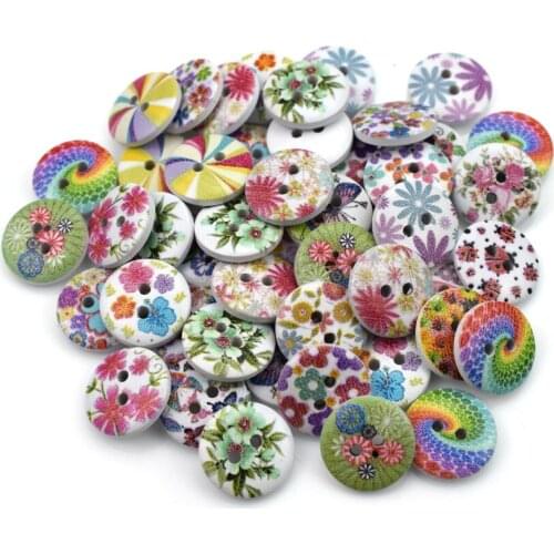 500PCS New Flower Printed Round Wooden Button 2 Holes 15mm Mixed Wood Buttons Sewing Accessories for Clothing Decoration DIY