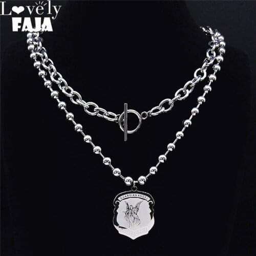 2pcs St-Michael Men Rings Good Lucky Talisman Religious Personality Stainless Steel Necklace Silver Color Jewelry N2234S03