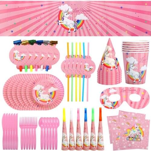 Unicorn Childrens Theme Party Set Paper Cup Paper Plate Knife Fork Spoon Tableware Banner Decoration Birthday Party Supplies