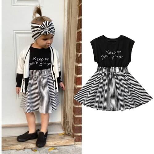 1-6Y Children Girls Summer Casual Sleeveless Dress Fashion Letter Stripe Stitching A-line Princess Party Dress