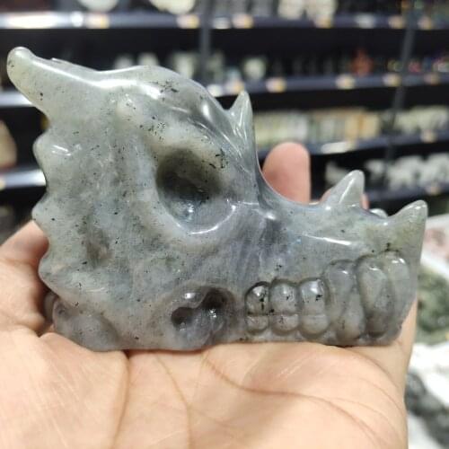 Natural Stone Labradorite Crystal Handmade Carved Dragon Head Skull Polished Animal Powerful Statue For Home Decoration Gift