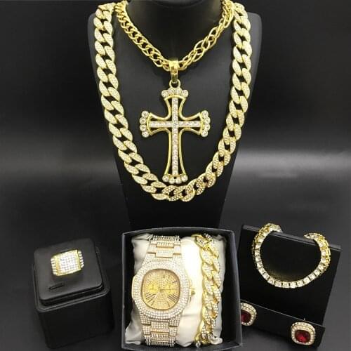 Luxury Men Gold Color Watch &Necklace & Braclete & Ring & Earrings Combo Ice Out Cuban In Crystal Neckalce Chain Hip Hop For Men