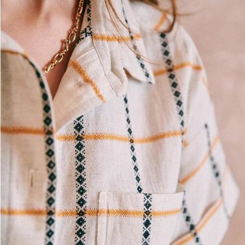 Ruelen Elegant Plaid Linen Cotton Women Blouse 2021 Autumn Button Turndown Collar Short Sleeve Tops Shirt Female Casual