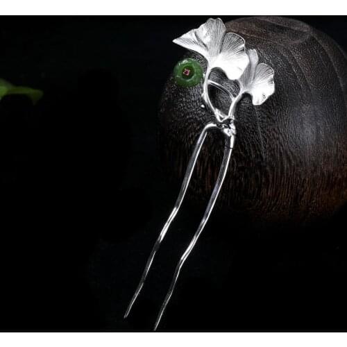 S925 Sterling Silver Hair Fork Comb Ginkgo Leaf Women Accessories Hair Pins Jasper Fine Jewelry Luxury Gift Chinese Jewellery