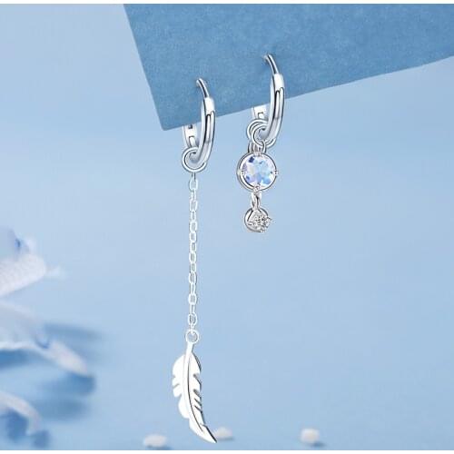 925 Sterling Tassel Long Chain Asymmetry Feather Moonstone Bead Drop Earring For Women Party Wedding Jewelry Accessories eh888