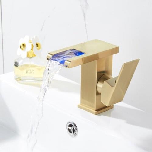 Bathroom Basin faucets With LED Light Chrome Brass Sink Mixer Taps Hot and Cold Waterfall Faucets Lavatory Water Crane Faucet