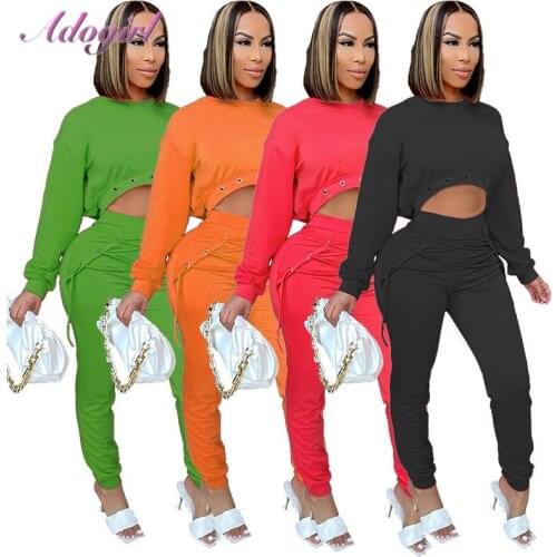 Fitness Workout Tracksuit Women Autumn Two Piece Set Solid Long Sleeve Crop Sweatshirt Legging Pants Outfit Sport Matching Sets