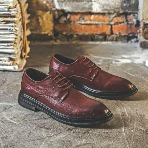 Vintage British Formal Dress Leather Shoes Casual Men Autumn Wedge Pointed Toe Lace-up Loafers Business Wedding Oxfords Luxury