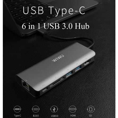 WIWU 6 in 1 USB 3.0 Hub for MacBook Pro Air Multi function USB Type C 4K Video HDMI/RJ45 USB Hub 3.0 Adapter Charging Port Hubs
