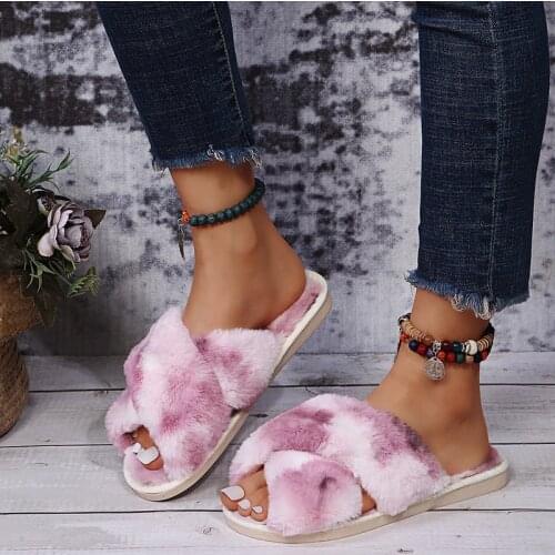 Womens Faux Fur Fox Fur Slippers Tie-dye Indoor Plush Slippers Indoor Outdoor Non-Slip Fashion Warm Shoes Women Home Slippers