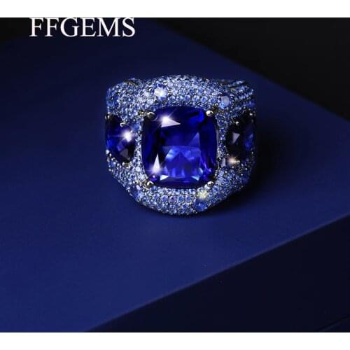 FFGEMS 100% Sterling 925 Silver big rings Blue sapphire aquamarine Gemstone Fine Jewelry for Women Wedding Party Gift 2020 box