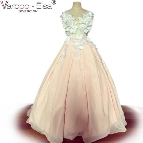 VARBOO_ELSA Elegant Sheer Neckline Crystal cheap party dresses Pink evening dress 3D flowers prom dresses Party Dress Ball Gown