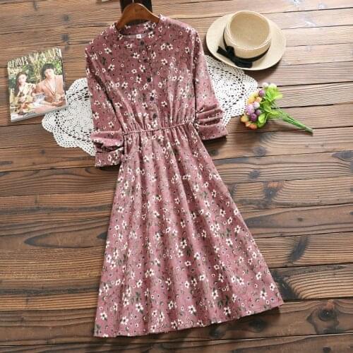 Fashion ladies corduroy winter sweet dress 2018 new trending elegant women long sleeve floral print dress mori girl vestidos
