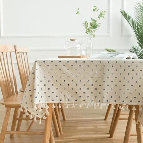 1x Blue Daisy Printed Garden Cotton Linen Tablecloth Household Cover Towel Tassel Lace Blue Small Chrysanthemum Broom Tablecloth