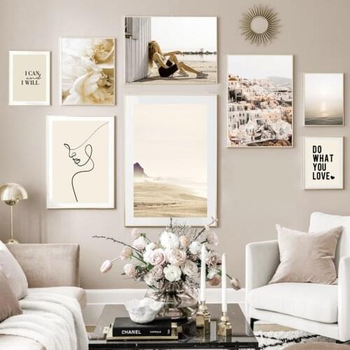 Aegean Sea Beach Abstract Line Girl Peony Wall Art Canvas Painting Nordic Posters And Prints Wall Pictures For Living Room Decor