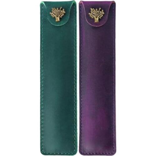 2X Genuine Leather Pen Pouch Holder Single Pencil Bag Pen Case With Snap Button Green & Purple