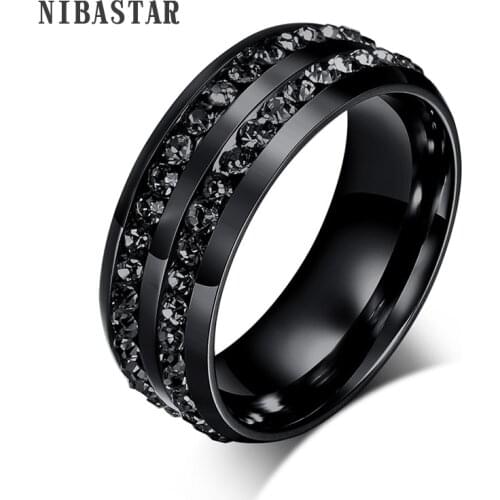 Black plated high gloss double row crystal ring men and women stainless steel wedding ring vintage jewelry