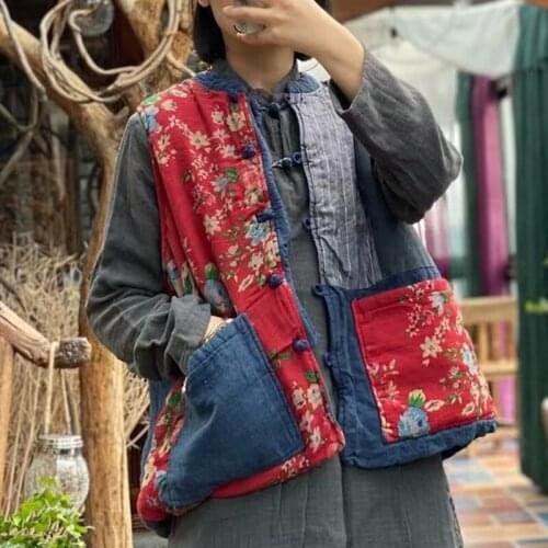 FairyNatural Ladies Retro Patchwrok Cotton Print Flowers Vests V-Neck 2021 Spring Pockets Women Chinese Style Sleeveless Coats